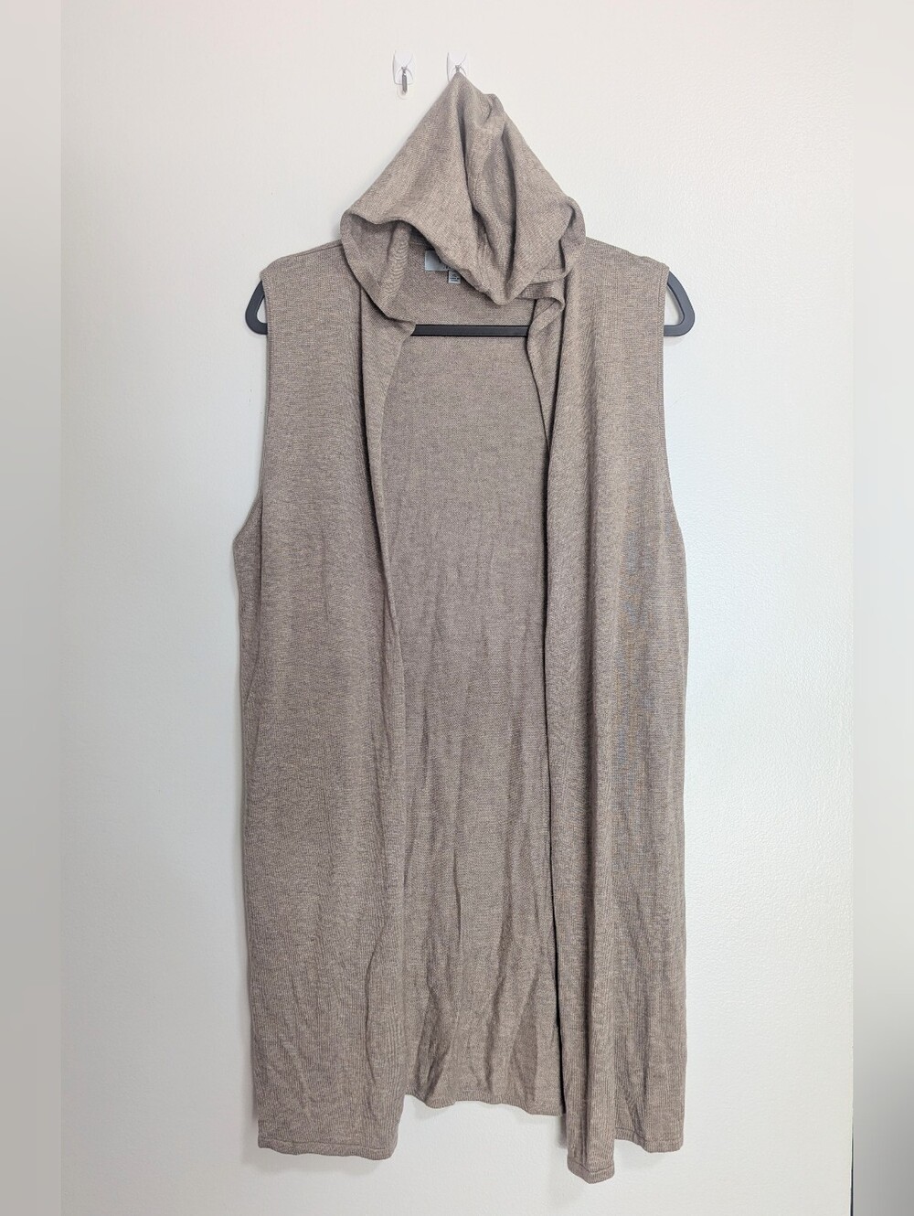 Joan‎ Vass Size XL Tan Nude Sleeveless Hooded Duster Cardigan Vest 6% Cashmere